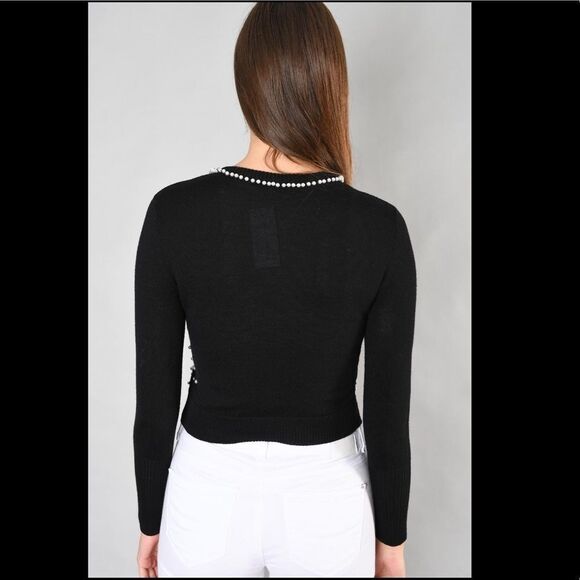 Nanette Lepore Carnival Pearl & Rhinestone Embellished Black Wool Cardigan US S - Picture 12 of 14